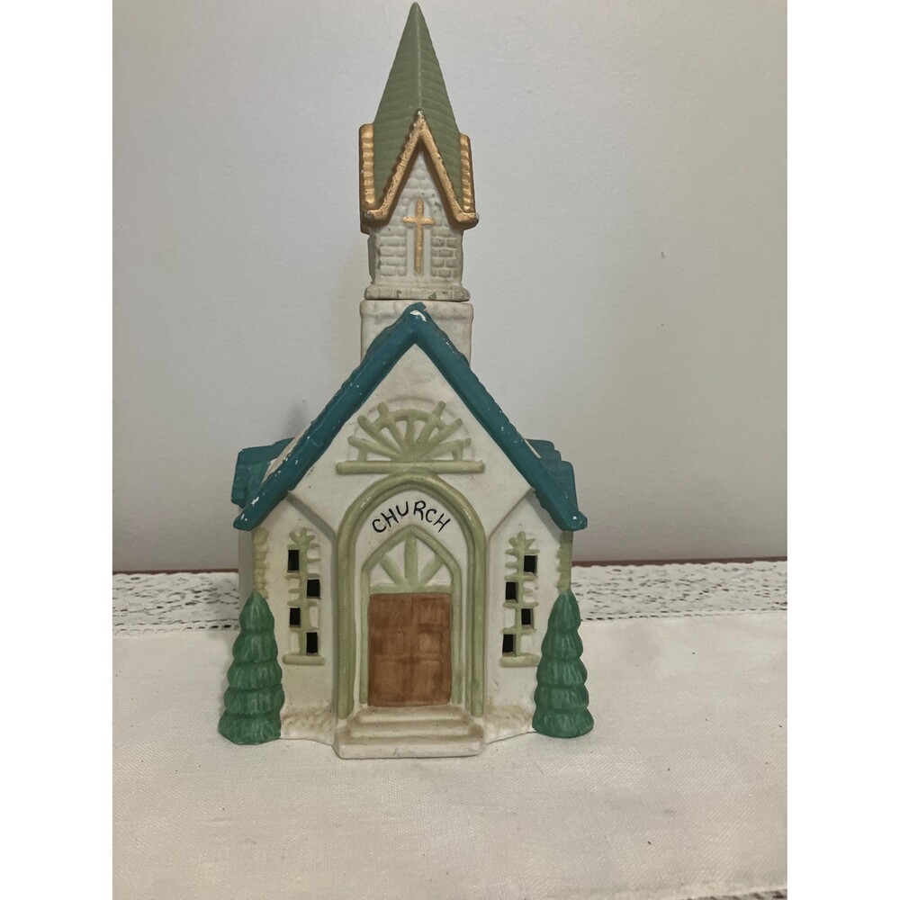 Vintage Christmas Village Church Steeple, Ivory & Teal Ceramic, Gold Accents